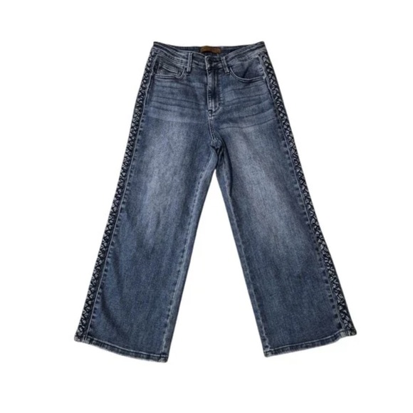 Denim - Wide Leg Blue Denim Jeans with Side Trim